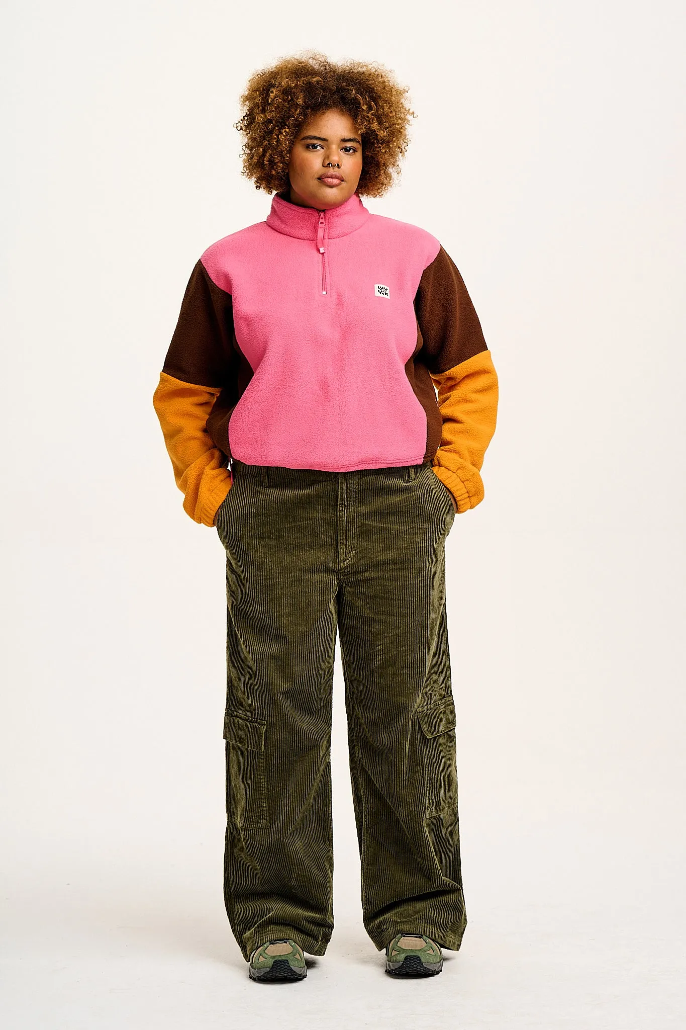 Blake - Cropped Polar Fleece in Ash Pink, Brown & Orange sold by Lucy & Yak