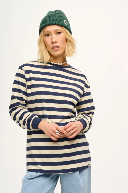Kenny - Long Sleeve Skater Cotton T-Shirt in Navy & Ecru Stripe sold by Lucy & Yak