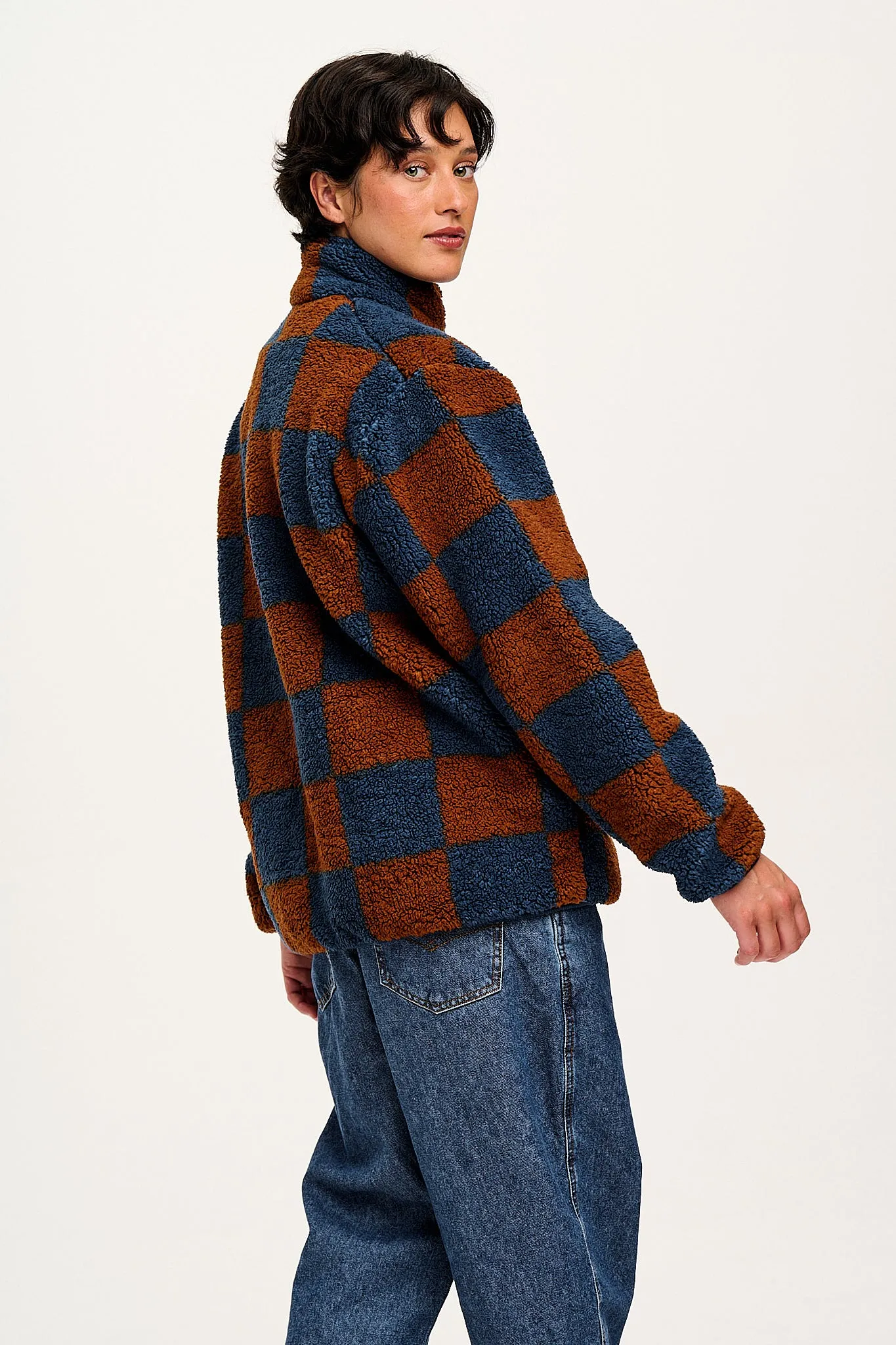 Harper - Fleece Jacket in Brown & Blue Chester Check Print sold by Lucy & Yak product image thumbnail 5