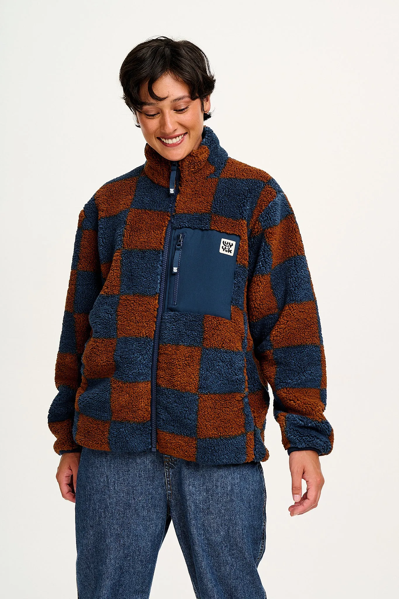 Harper - Fleece Jacket in Brown & Blue Chester Check Print sold by Lucy & Yak