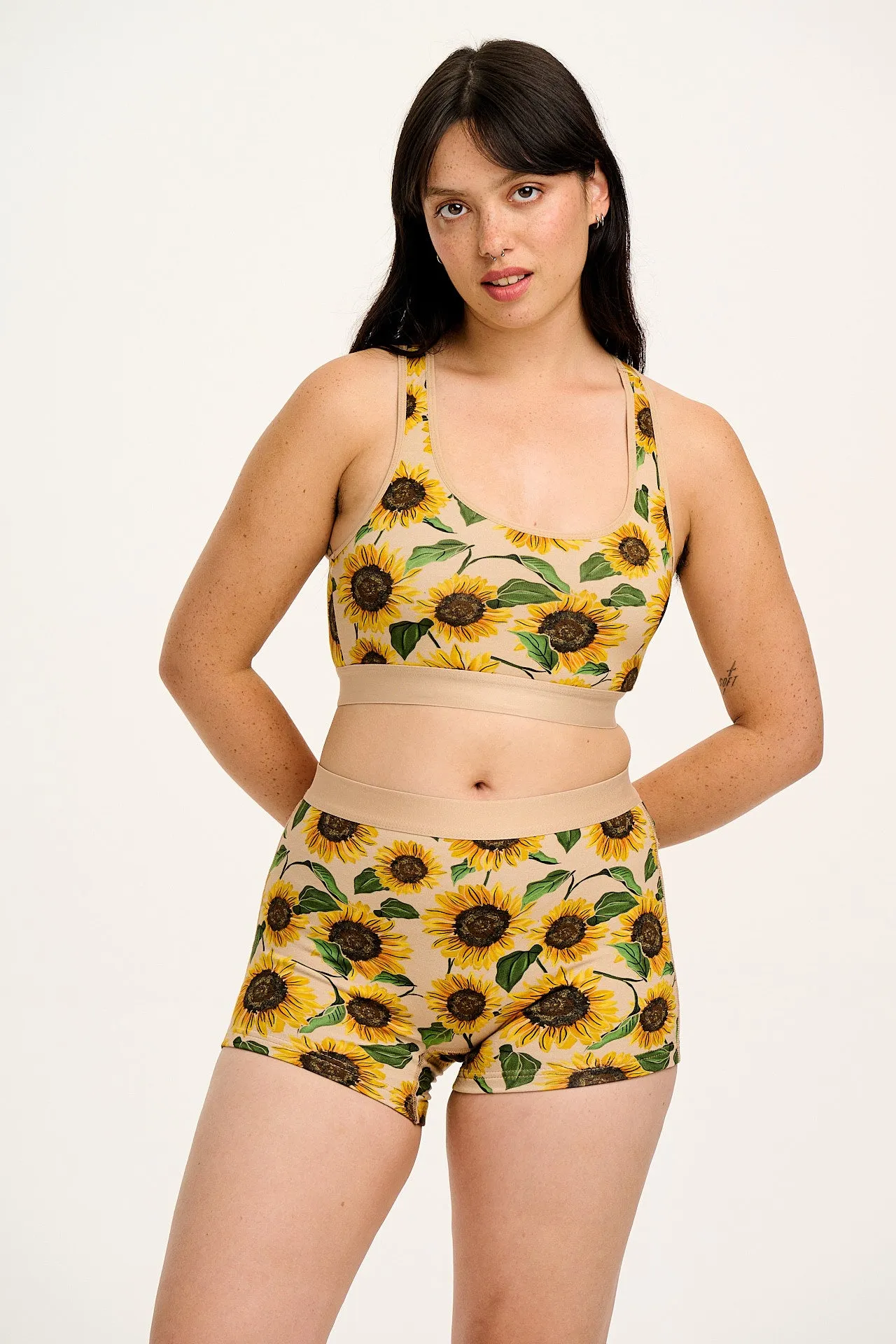 Iona - Racer Back Cotton & Bamboo Crop Top in Cream Sunflower Print sold by Lucy & Yak product image thumbnail 5