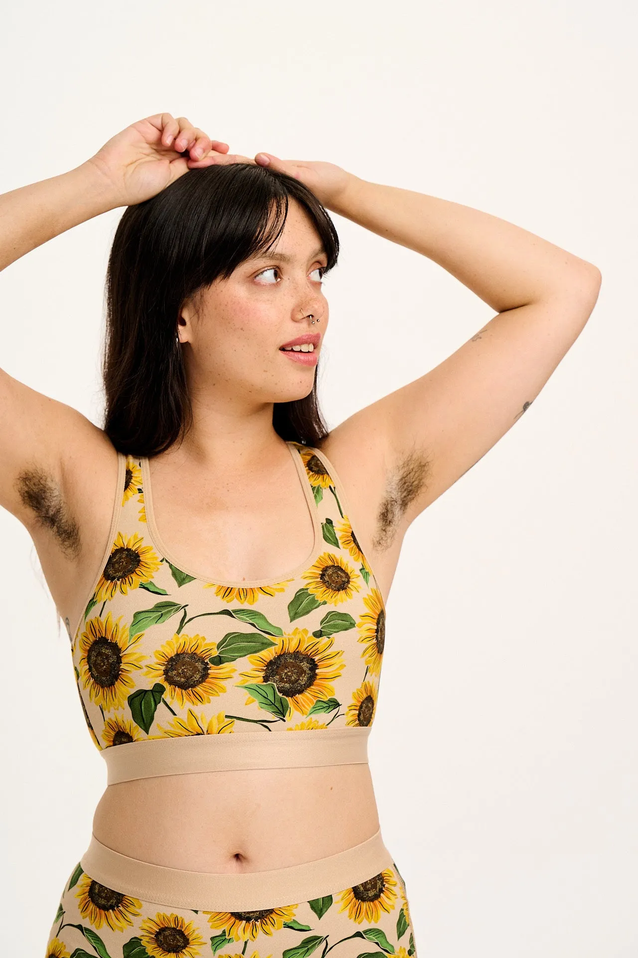 Iona - Racer Back Cotton & Bamboo Crop Top in Cream Sunflower Print sold by Lucy & Yak