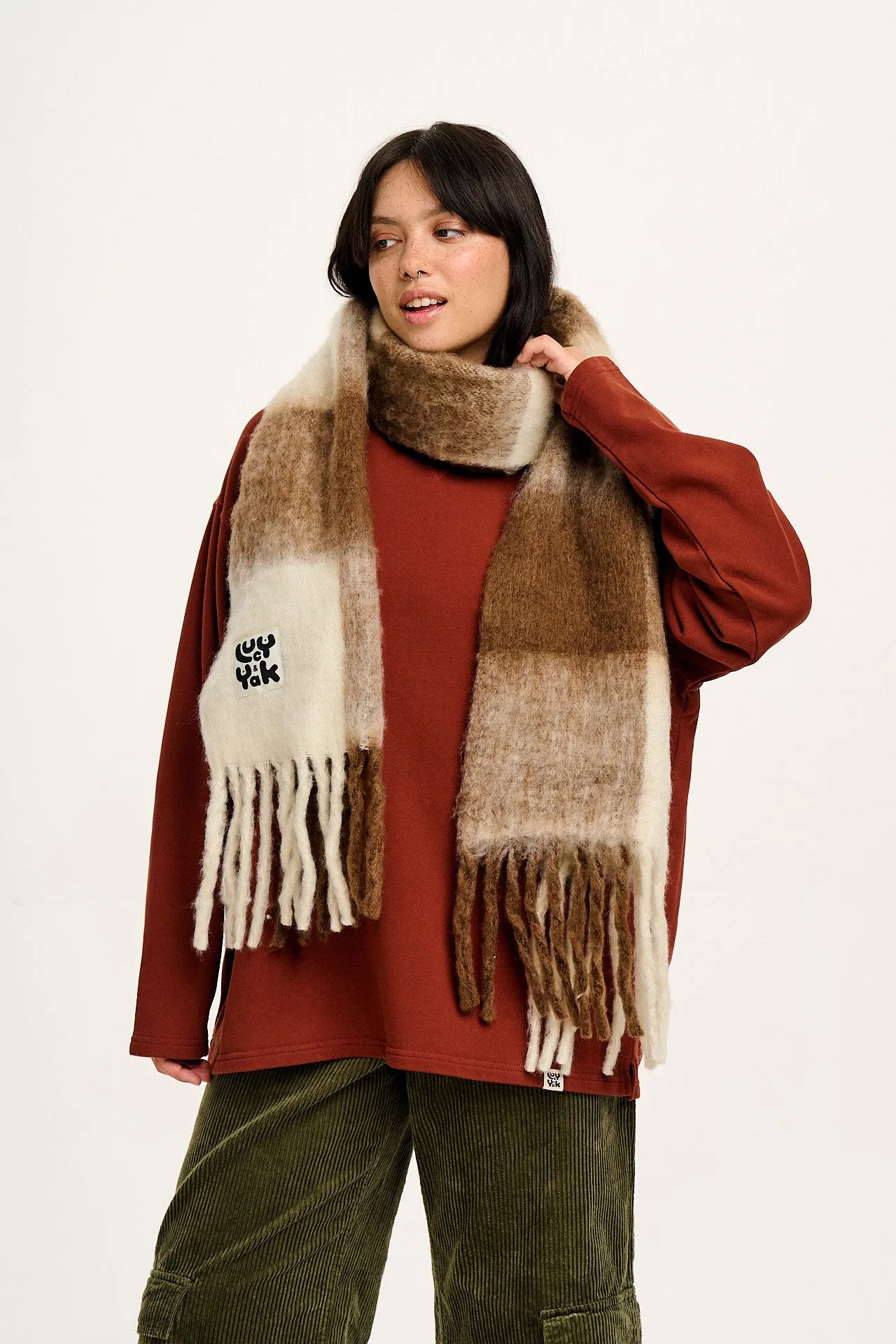 Rowan - Super Soft Scarf in Cream & Brown Checkerboard sold by Lucy & Yak product image thumbnail 3