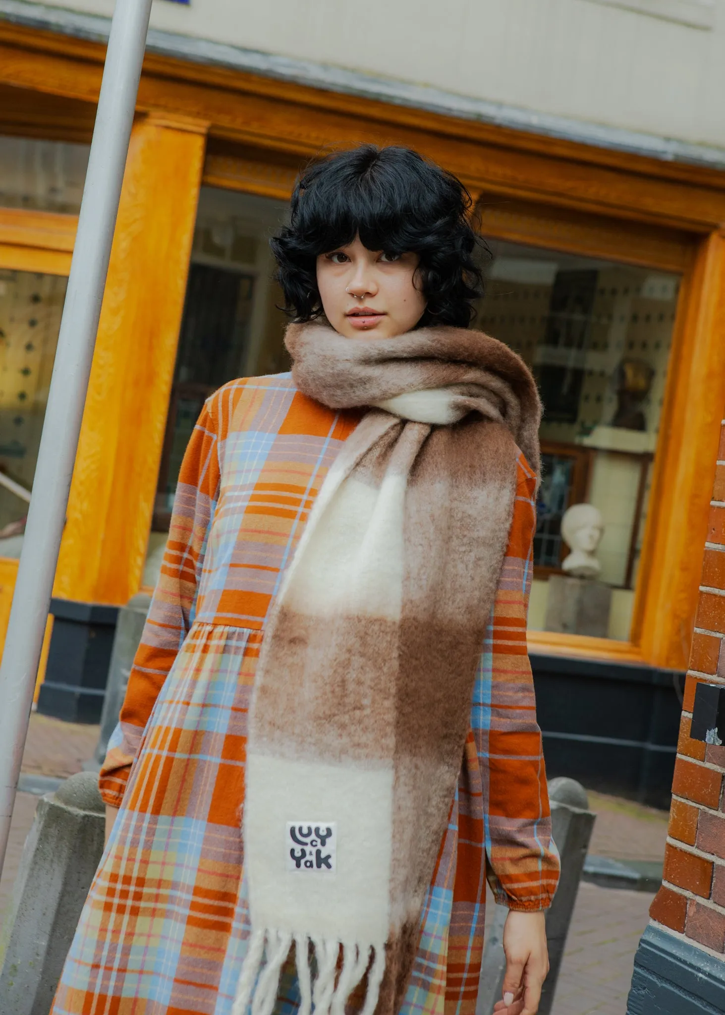 Rowan - Super Soft Scarf in Cream & Brown Checkerboard sold by Lucy & Yak product image thumbnail 5