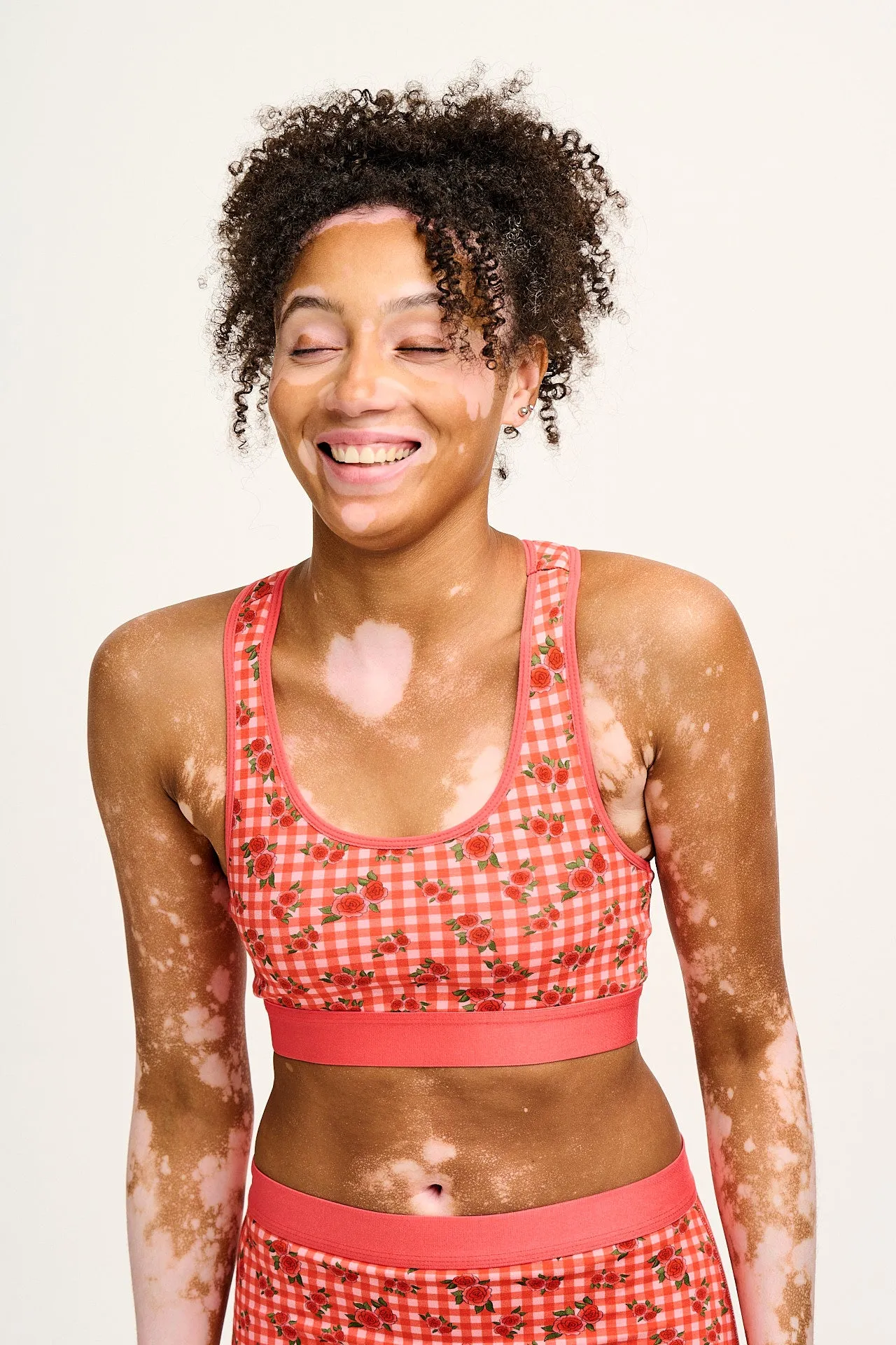 Iona - Racer Back Cotton & Bamboo Crop Top in Pink Check Rosalind Print sold by Lucy & Yak