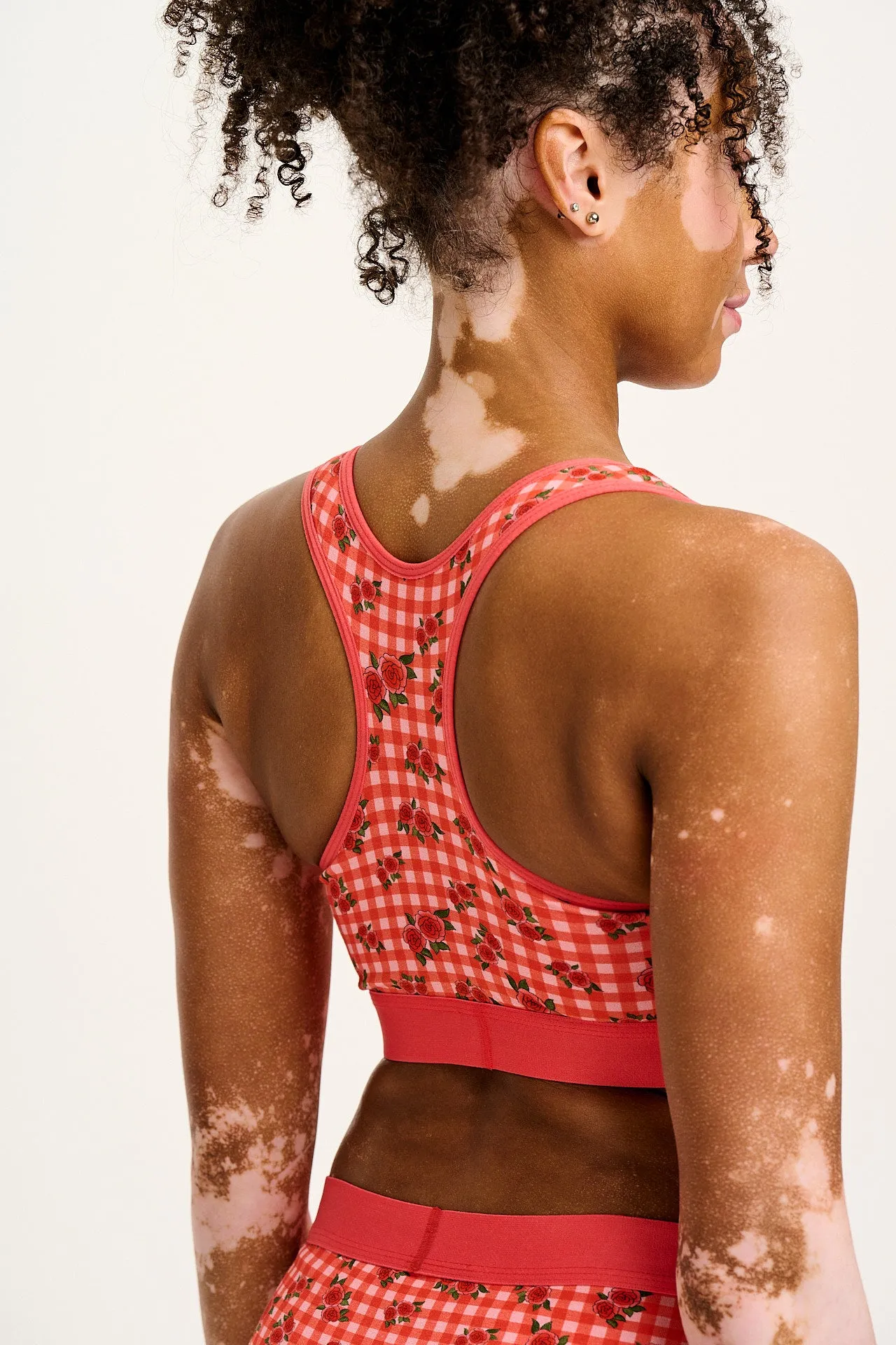 Iona - Racer Back Cotton & Bamboo Crop Top in Pink Check Rosalind Print sold by Lucy & Yak product image thumbnail 3