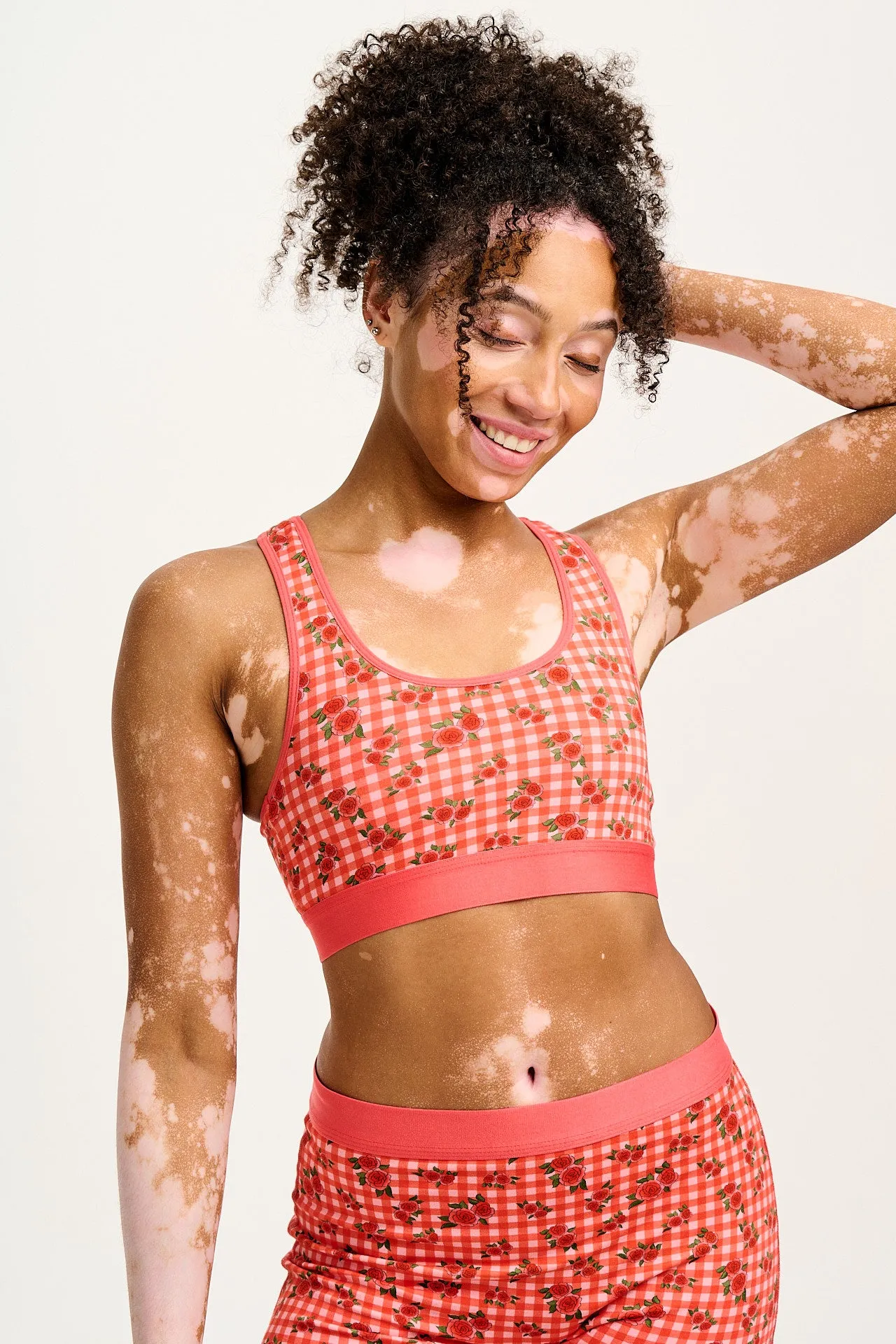 Iona - Racer Back Cotton & Bamboo Crop Top in Pink Check Rosalind Print sold by Lucy & Yak product image thumbnail 4