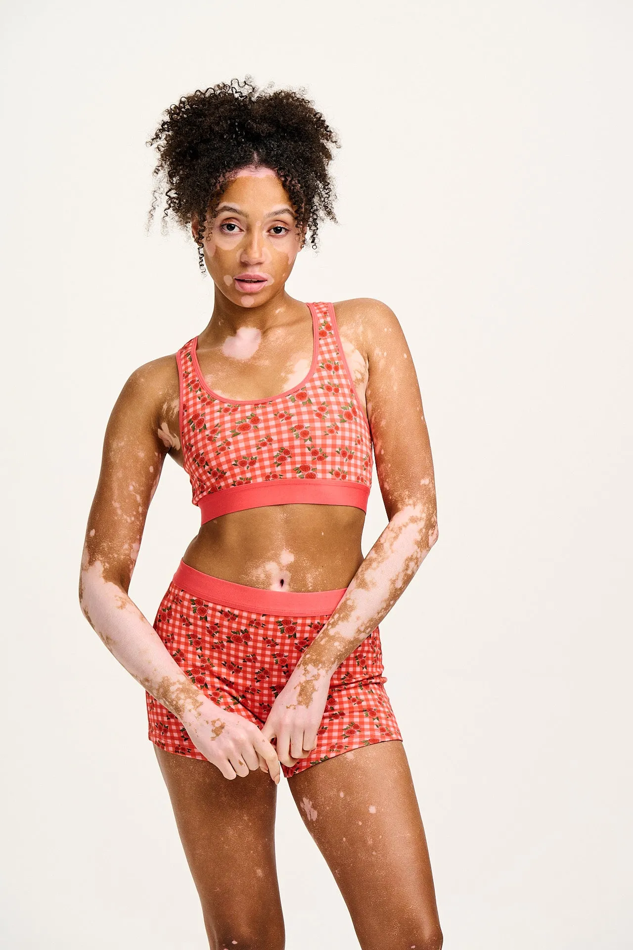 Iona - Racer Back Cotton & Bamboo Crop Top in Pink Check Rosalind Print sold by Lucy & Yak product image thumbnail 2