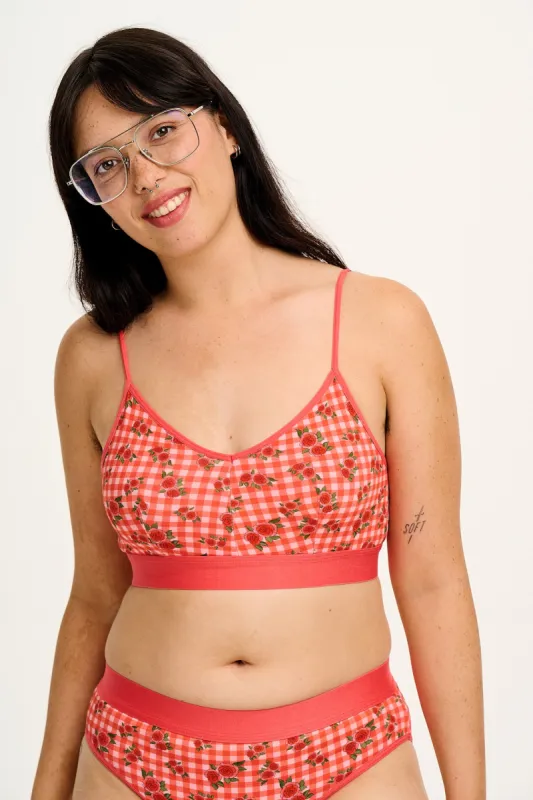 Ruby - Crop Top Cotton & Bamboo Bralette in Pink Check Rosalind Print sold by Lucy & Yak