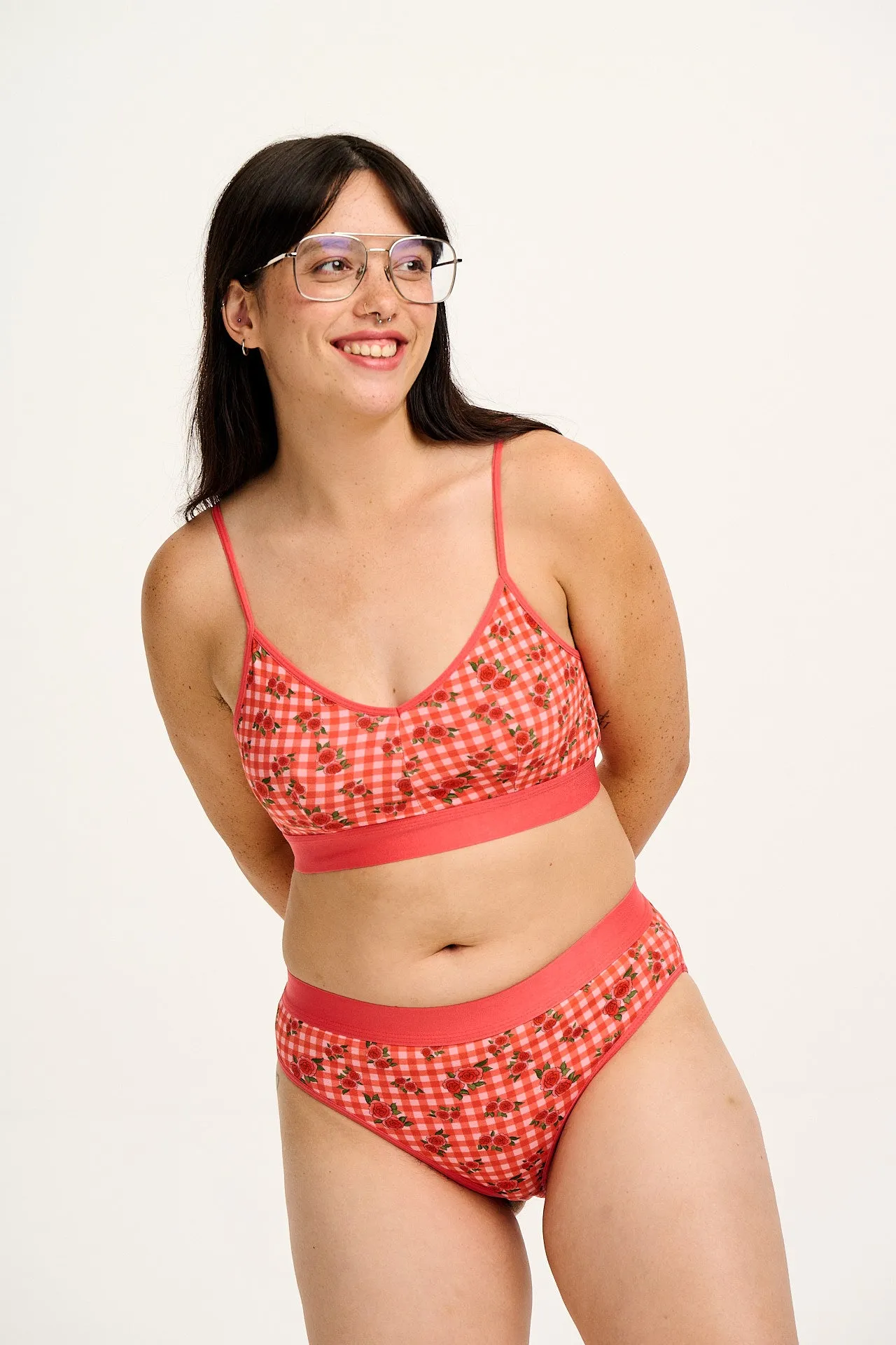 Cora - Cotton & Bamboo Bikini Pant in Pink Check Rosalind Print sold by Lucy & Yak product image thumbnail 2