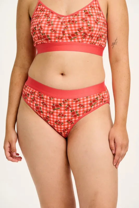 Cora - Cotton & Bamboo Bikini Pant in Pink Check Rosalind Print sold by Lucy & Yak