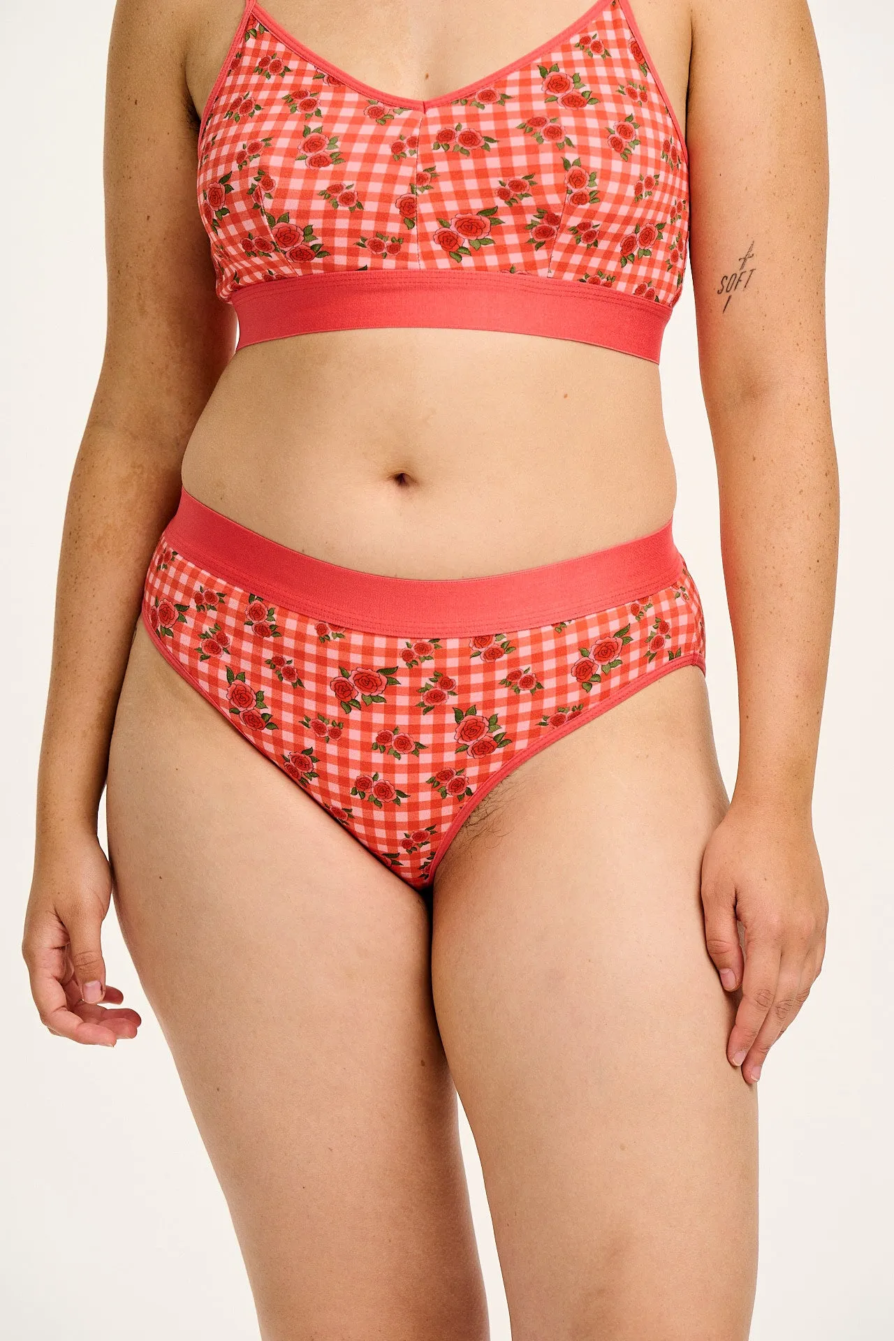 Cora - Cotton & Bamboo Bikini Pant in Pink Check Rosalind Print sold by Lucy & Yak