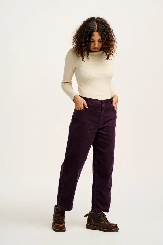 Drew - Cropped Straight Leg Corduroy Trousers in Plum Perfect sold by Lucy & Yak