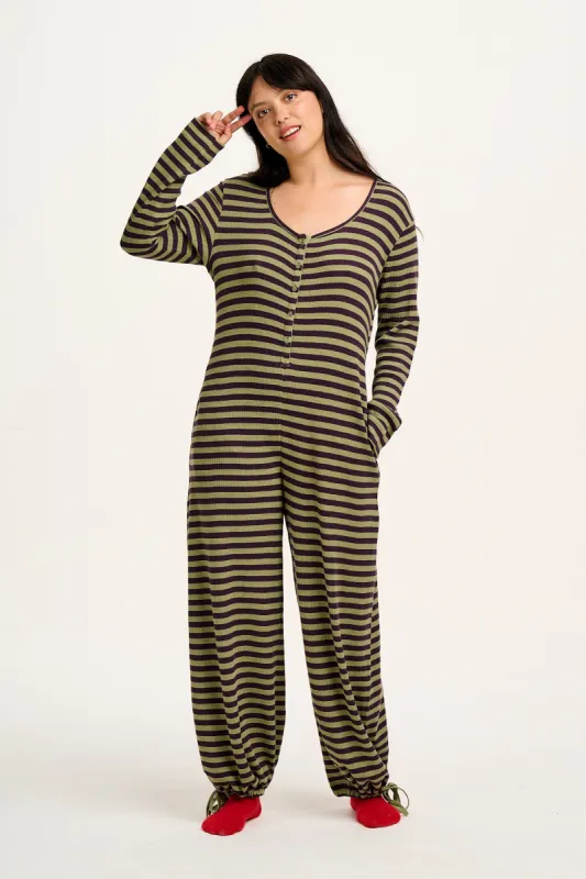 Eli - Relaxed Waffle Jumpsuit in Green & Purple Stripe sold by Lucy & Yak