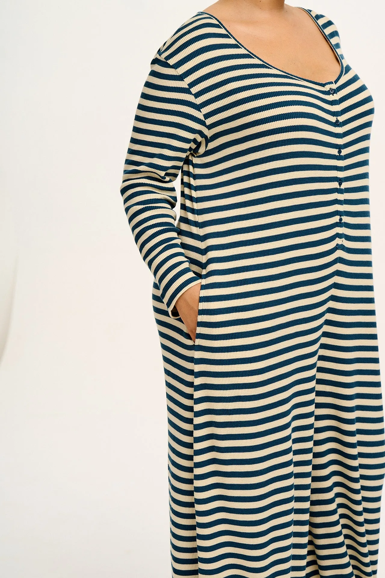 Eli - Relaxed Waffle Jumpsuit in Blue & Ecru Stripe sold by Lucy & Yak product image thumbnail 3