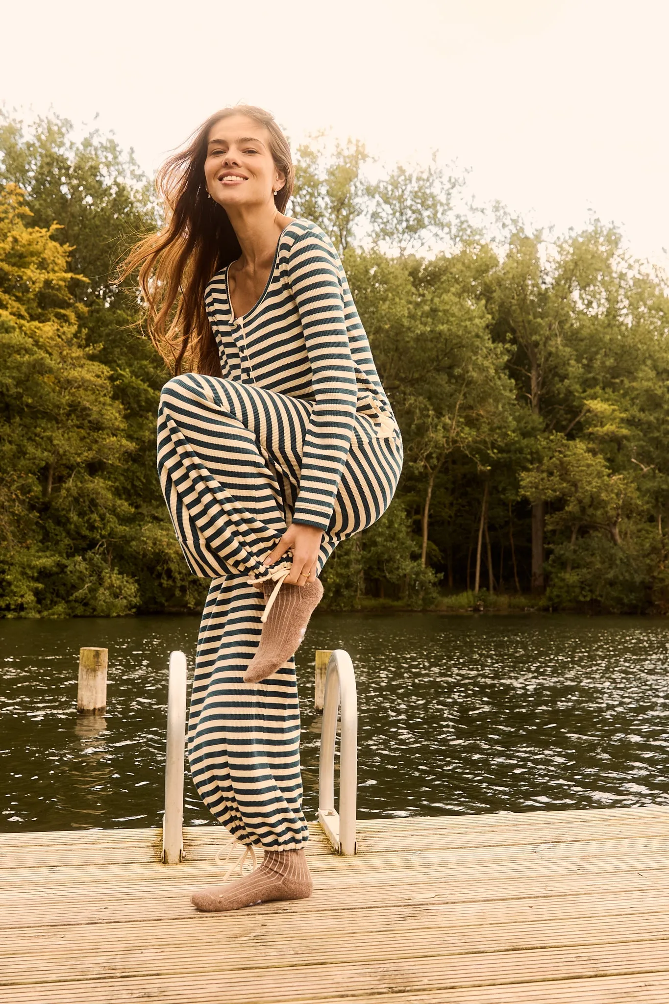 Eli - Relaxed Waffle Jumpsuit in Blue & Ecru Stripe sold by Lucy & Yak product image thumbnail 2