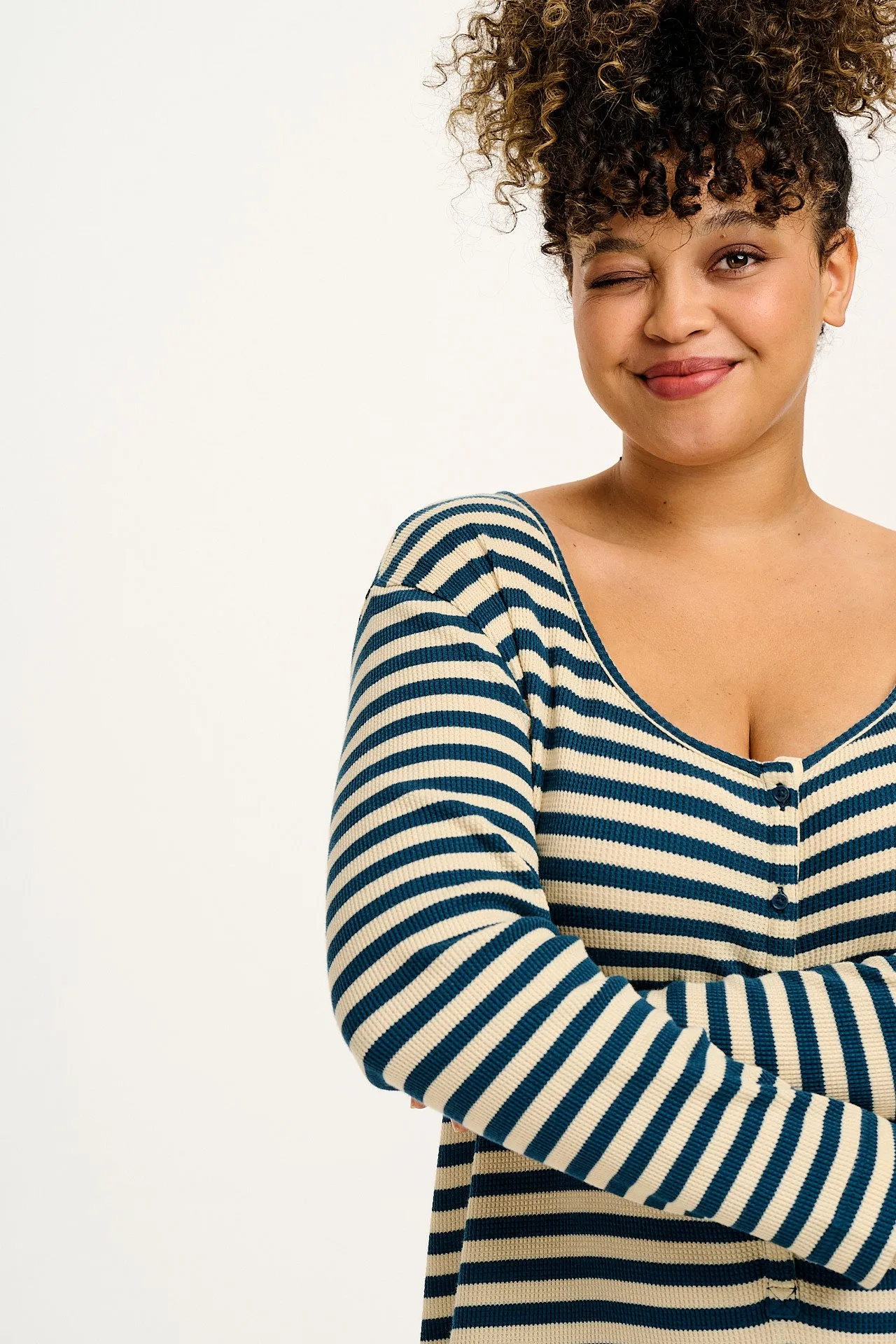 Eli - Relaxed Waffle Jumpsuit in Blue & Ecru Stripe sold by Lucy & Yak product image thumbnail 4