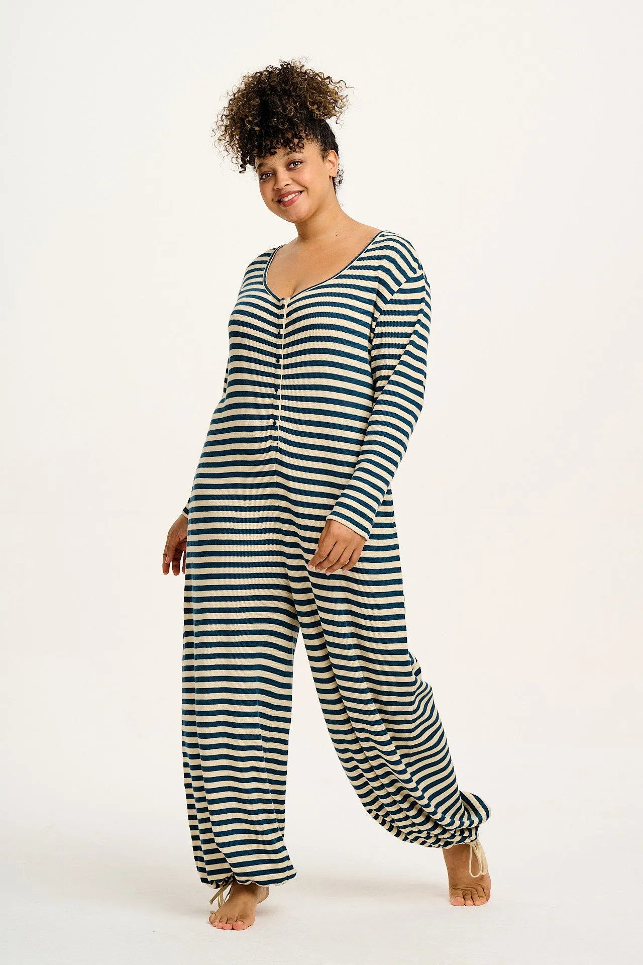 Eli - Relaxed Waffle Jumpsuit in Blue & Ecru Stripe sold by Lucy & Yak