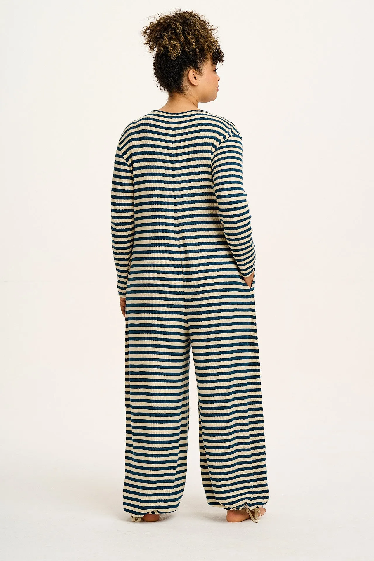 Eli - Relaxed Waffle Jumpsuit in Blue & Ecru Stripe sold by Lucy & Yak product image thumbnail 5