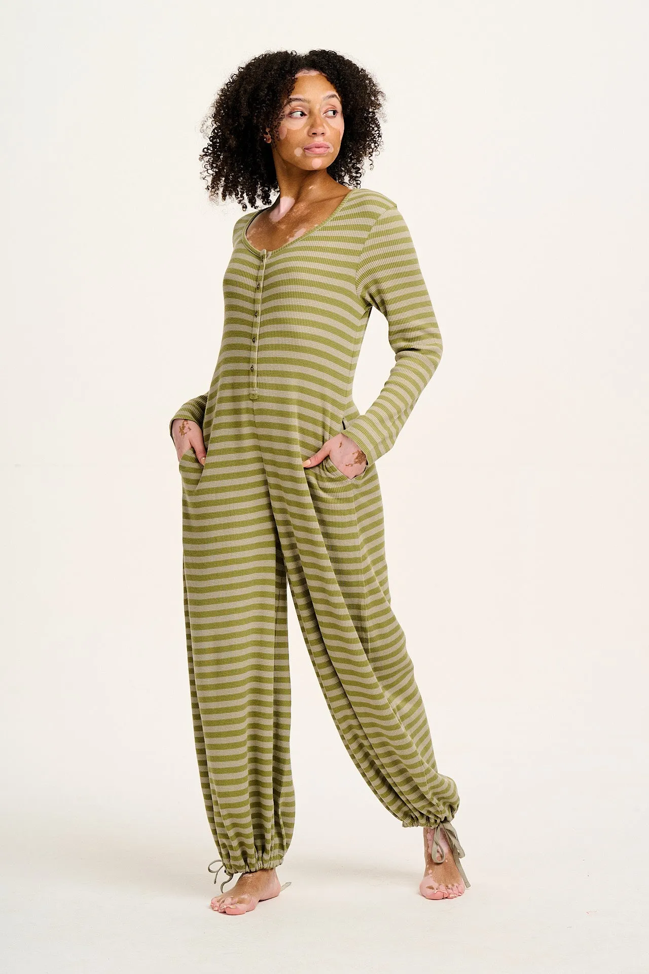 Eli - Relaxed Waffle Jumpsuit in Green Stripe sold by Lucy & Yak product image thumbnail 3