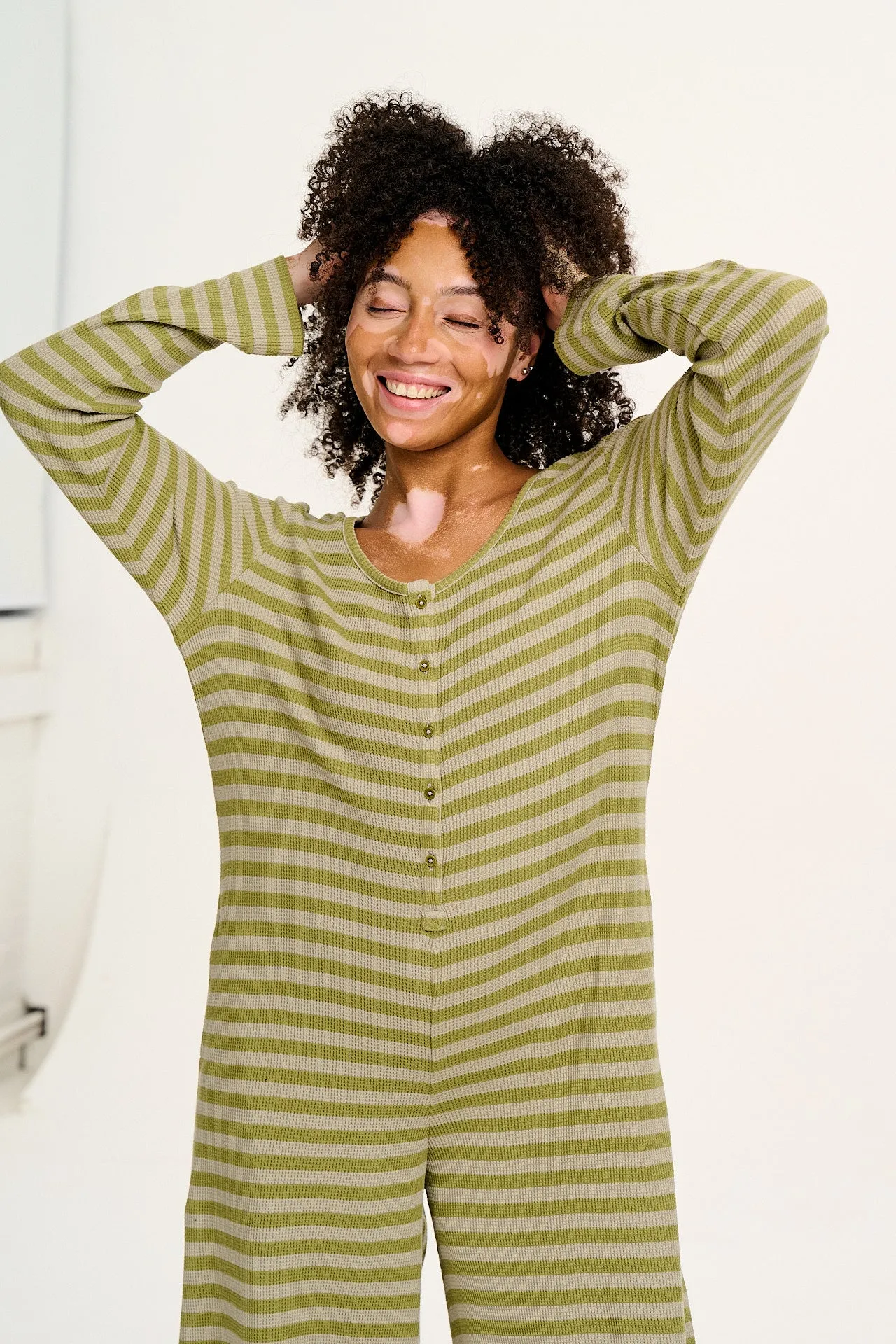 Eli - Relaxed Waffle Jumpsuit in Green Stripe sold by Lucy & Yak product image thumbnail 2