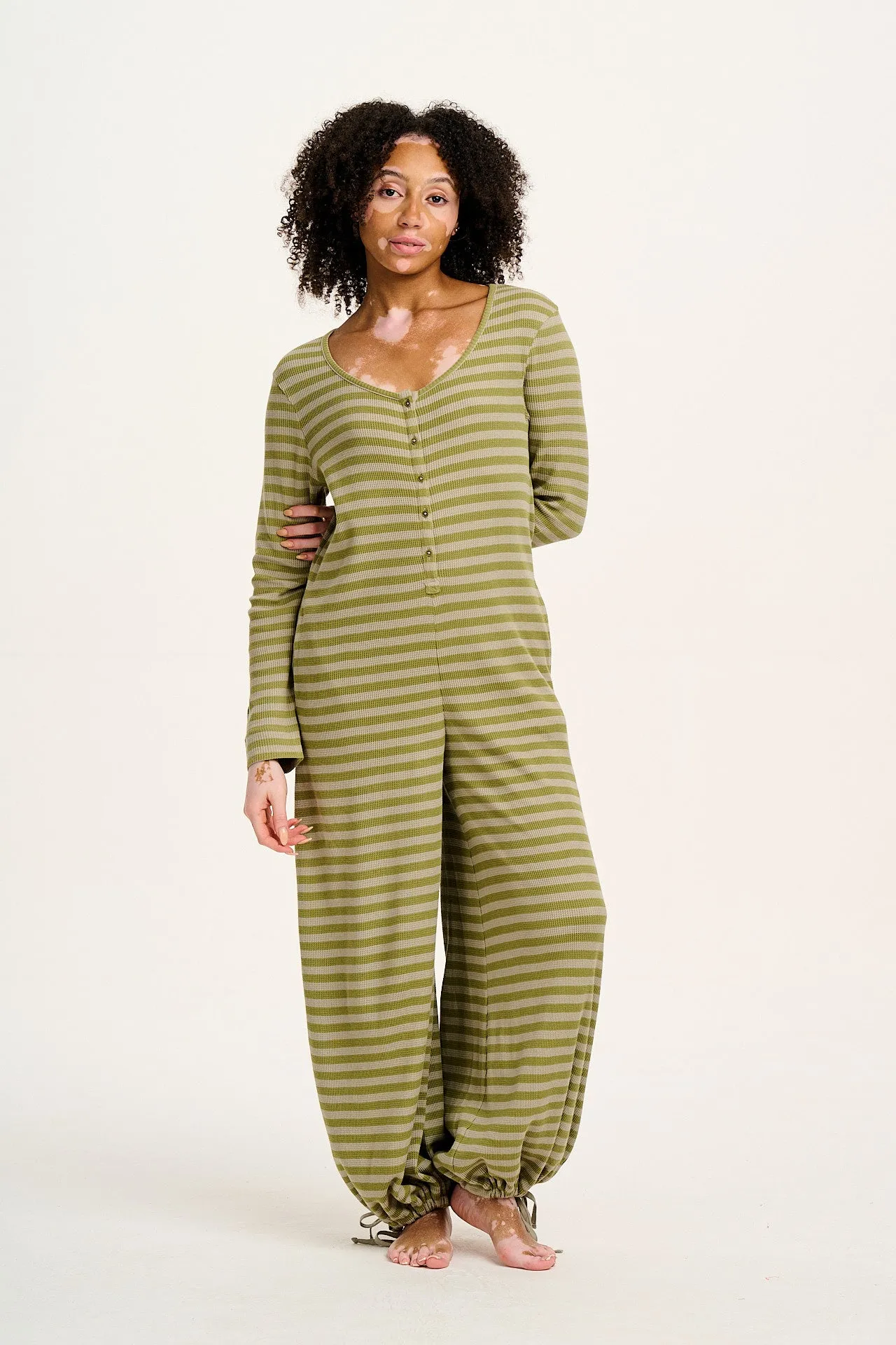 Eli - Relaxed Waffle Jumpsuit in Green Stripe sold by Lucy & Yak