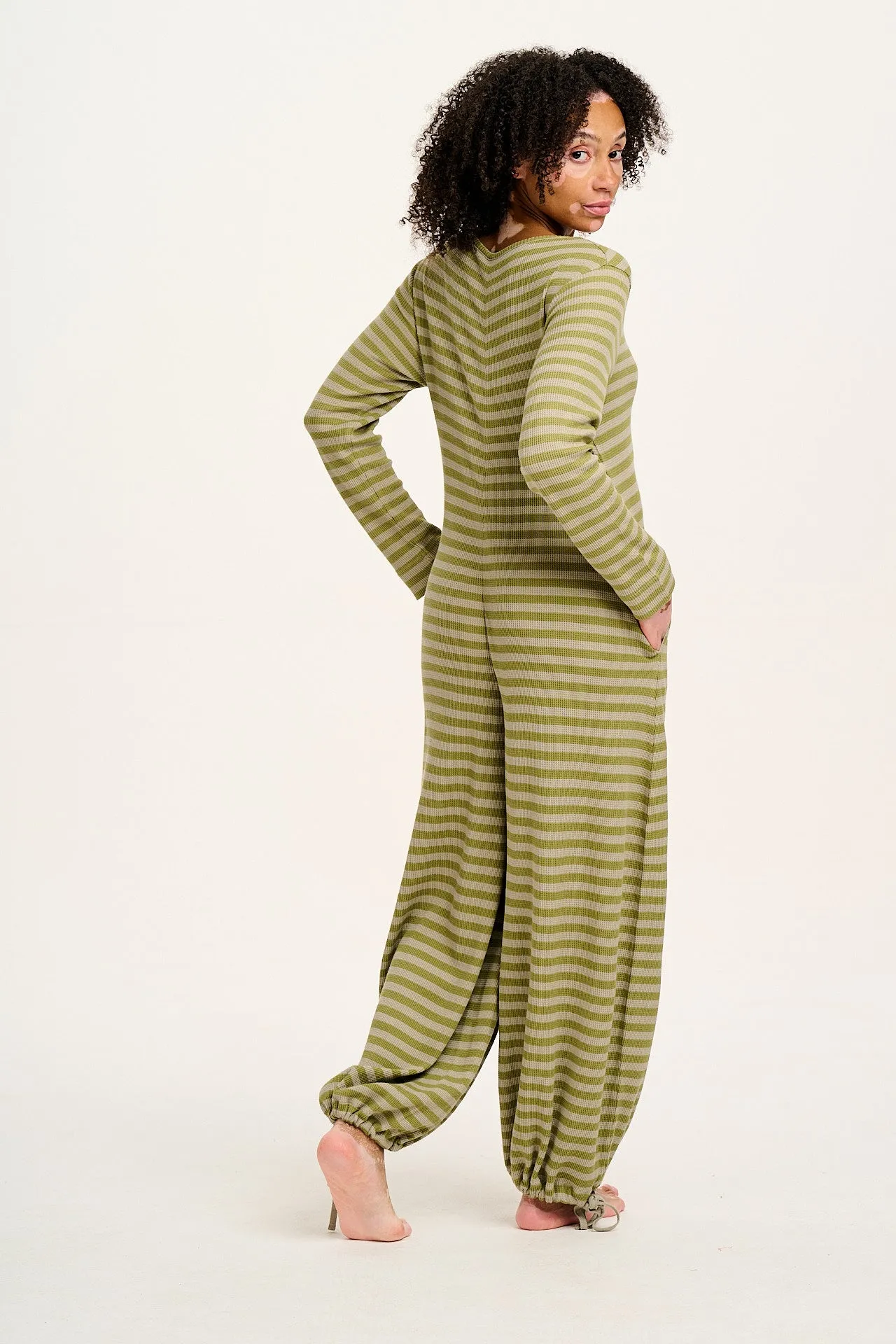 Eli - Relaxed Waffle Jumpsuit in Green Stripe sold by Lucy & Yak product image thumbnail 4