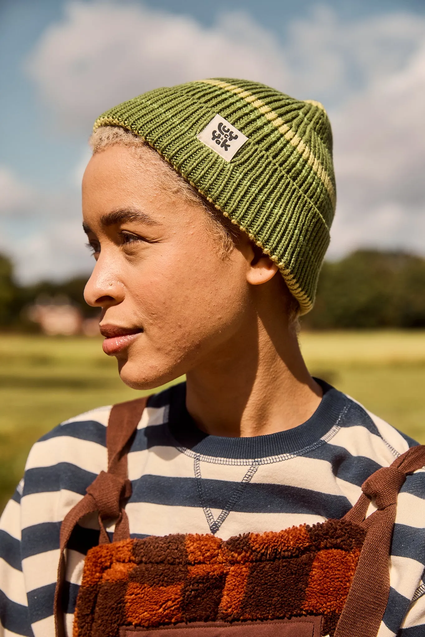 Luca - Knitted Cotton Beanie in Green Stripe sold by Lucy & Yak