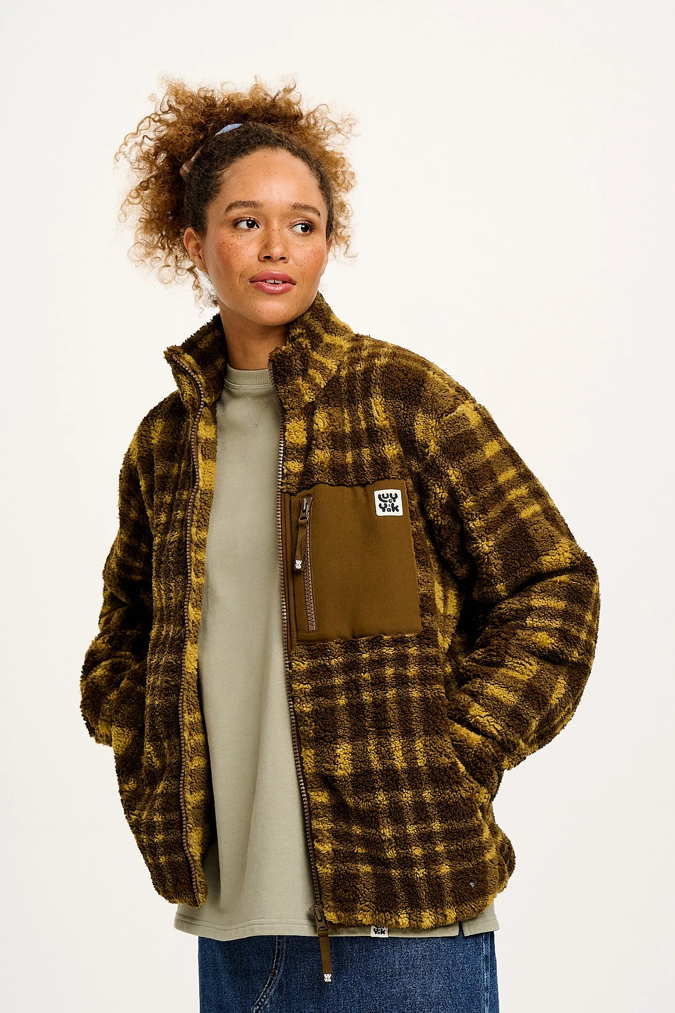 Harper - Borg Fleece Jacket in Brown Cher Check sold by Lucy & Yak