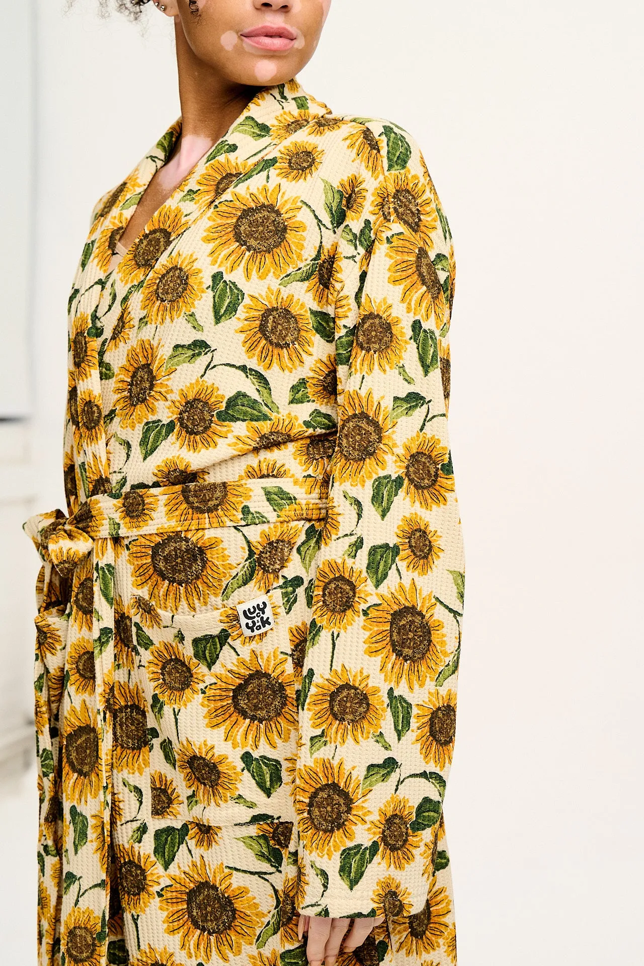 Braydon - Waffle Cotton Robe in Cream Sunflower Print sold by Lucy & Yak product image thumbnail 2