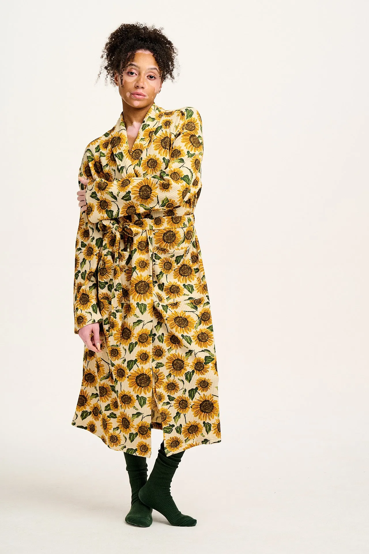 Braydon - Waffle Cotton Robe in Cream Sunflower Print sold by Lucy & Yak product image thumbnail 3