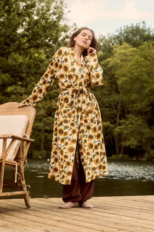 Braydon - Waffle Cotton Robe in Cream Sunflower Print sold by Lucy & Yak