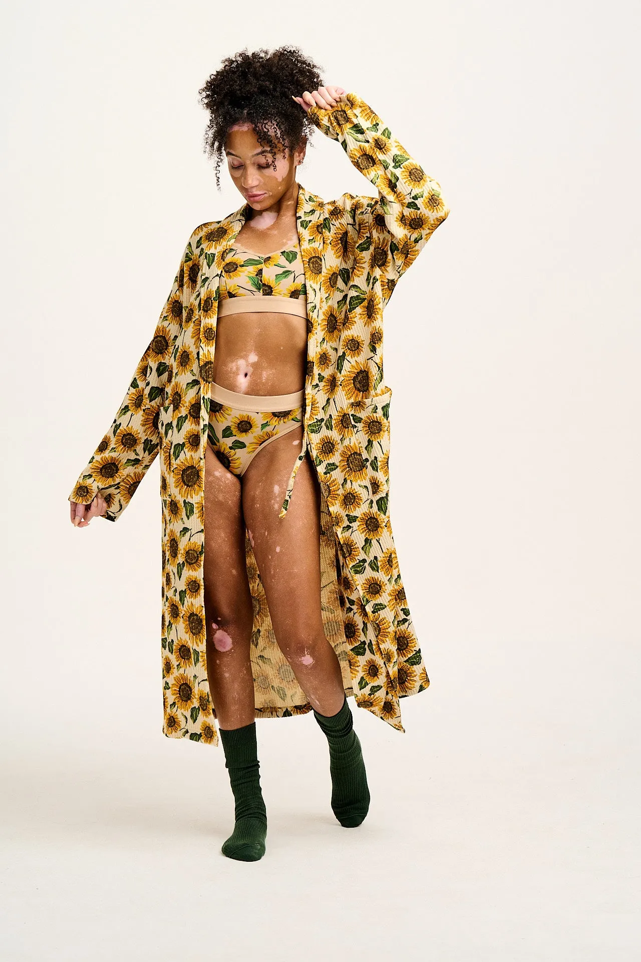 Braydon - Waffle Cotton Robe in Cream Sunflower Print sold by Lucy & Yak product image thumbnail 4