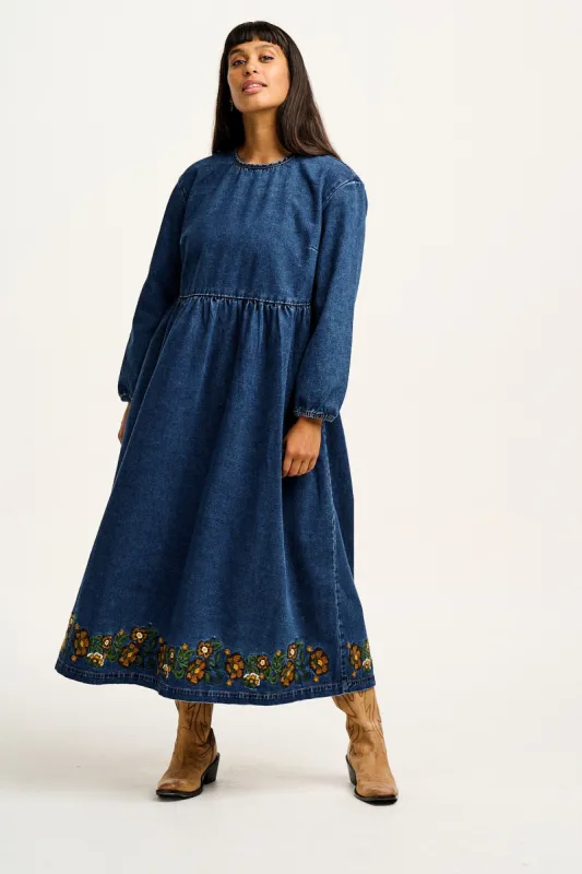 Maeve - Midi Dress in Denim With Myrtle Embroidery sold by Lucy & Yak