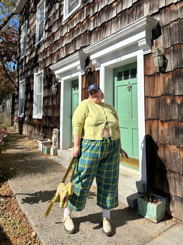 Chuck - Wide Leg Cotton Trousers in Green & Blue Elsie Tartan Print sold by Lucy & Yak