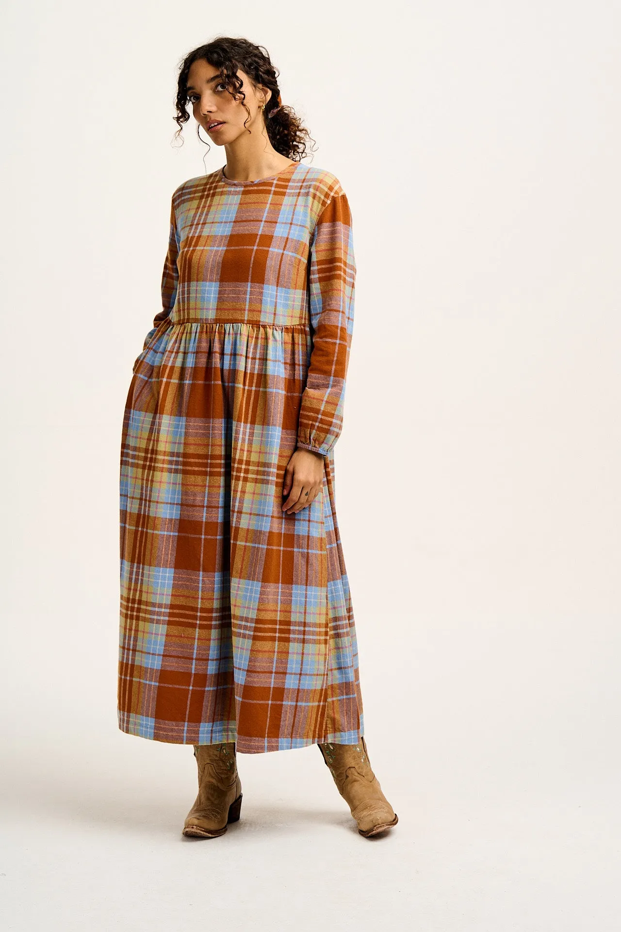 Maeve - Midi Dress in Brown & Blue Alastair Tartan Print sold by Lucy & Yak product image thumbnail 2