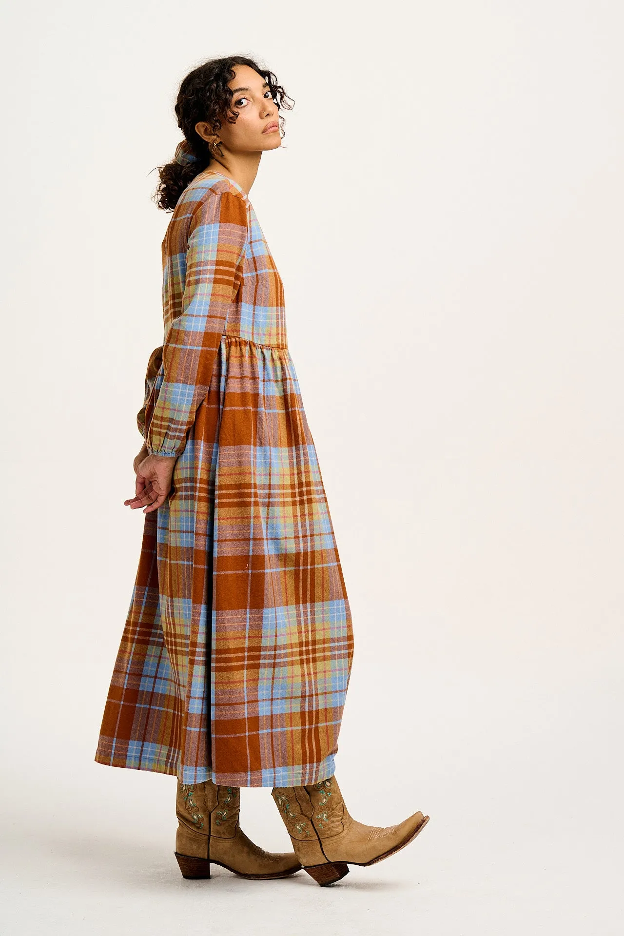 Maeve - Midi Dress in Brown & Blue Alastair Tartan Print sold by Lucy & Yak product image thumbnail 4