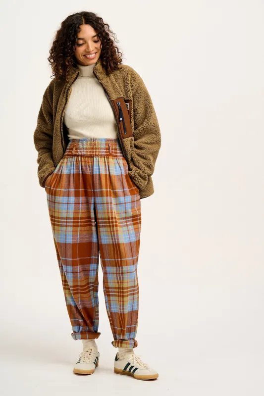 Alexa - Cotton Trousers in Brown & Blue Alastair Tartan sold by Lucy & Yak