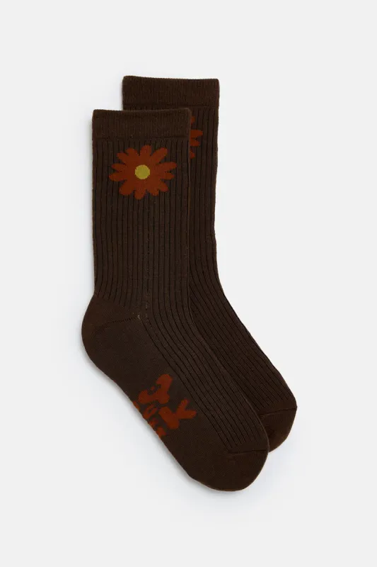 JoJo - Cotton Socks in Brown with Orange Flower Print sold by Lucy & Yak