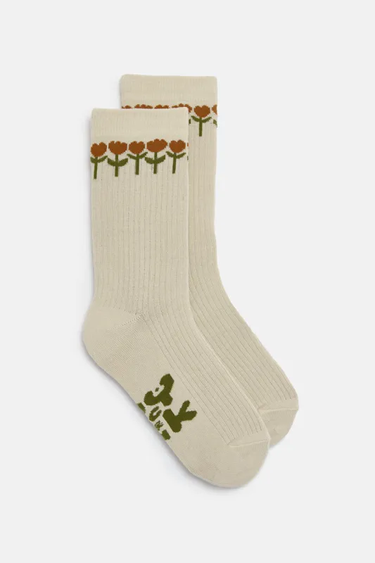 JoJo - Cotton Socks in Cream with Tulip Print sold by Lucy & Yak