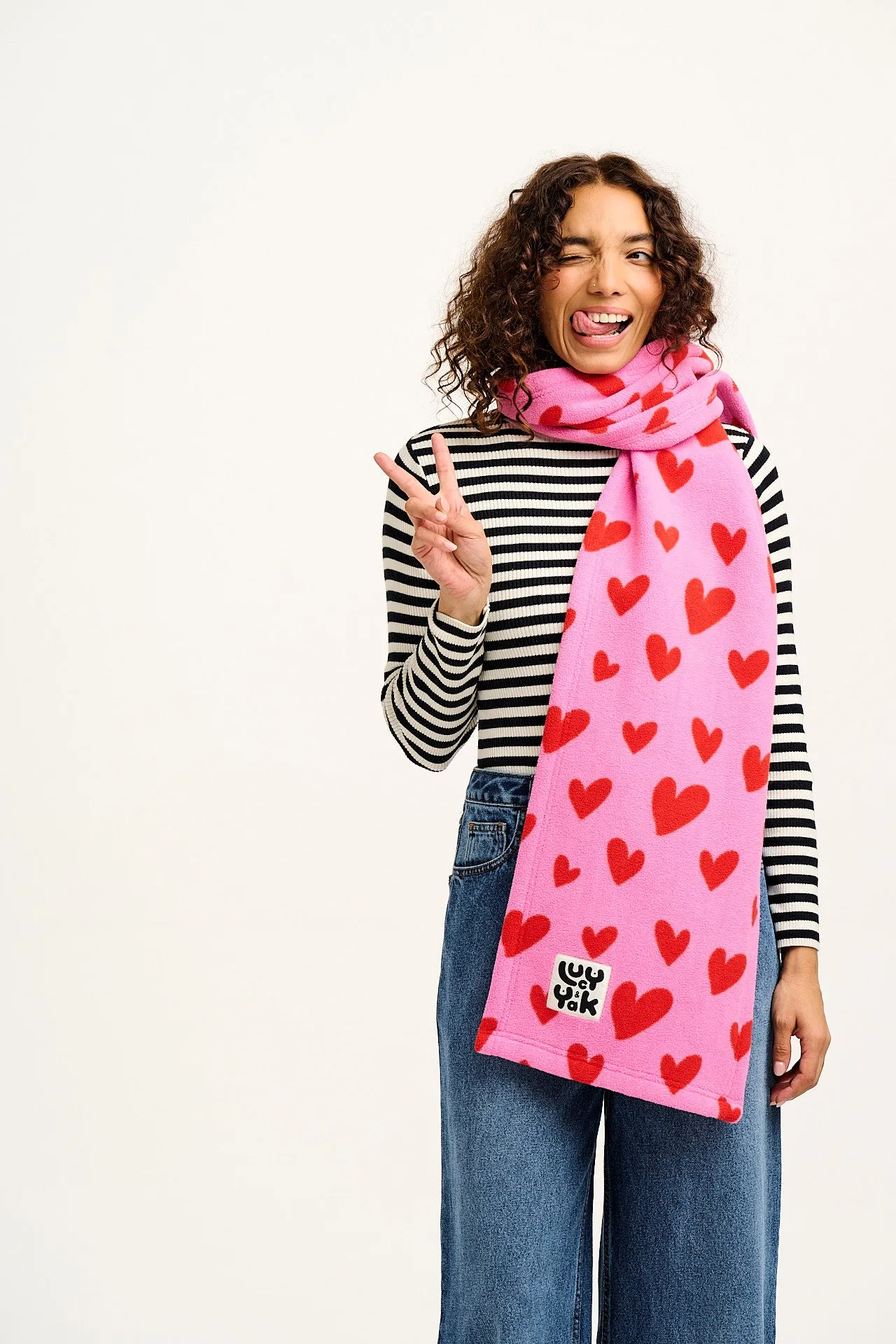 Ola - Polar Fleece Scarf in Pink Heart Cupid Print sold by Lucy & Yak