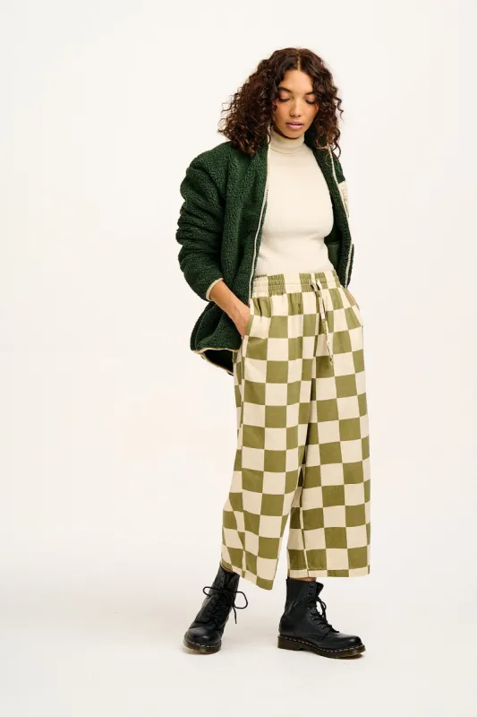 Chuck - Wide Leg Cotton Trousers in Pistachio Green Checkerboard Print sold by Lucy & Yak