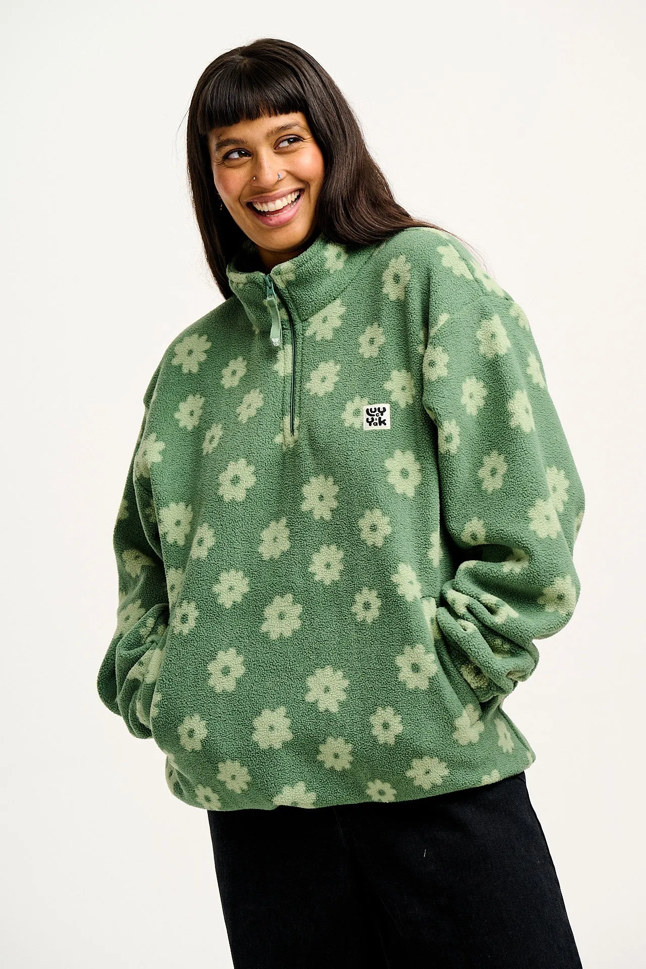 Stevie - Soft Polar Fleece in Green Delano Floral Print sold by Lucy & Yak