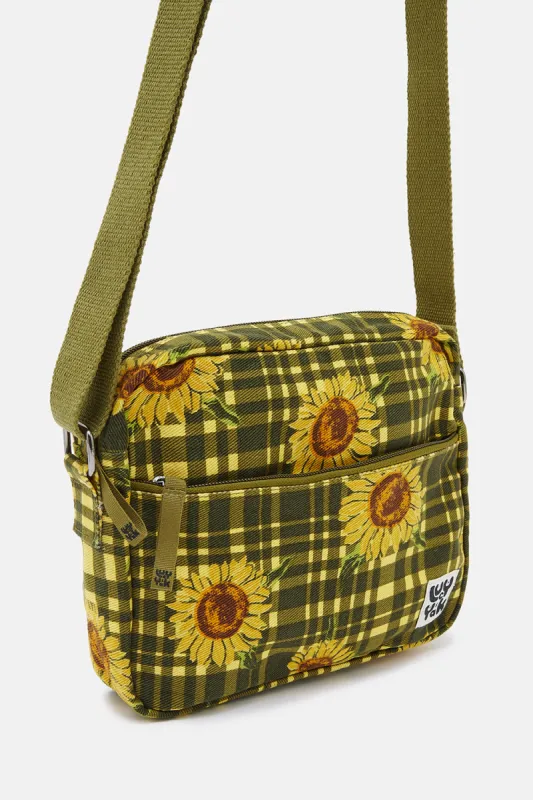 Dara - Crossbody Twill Bag in Green Sunday Sunflowers Print sold by Lucy & Yak