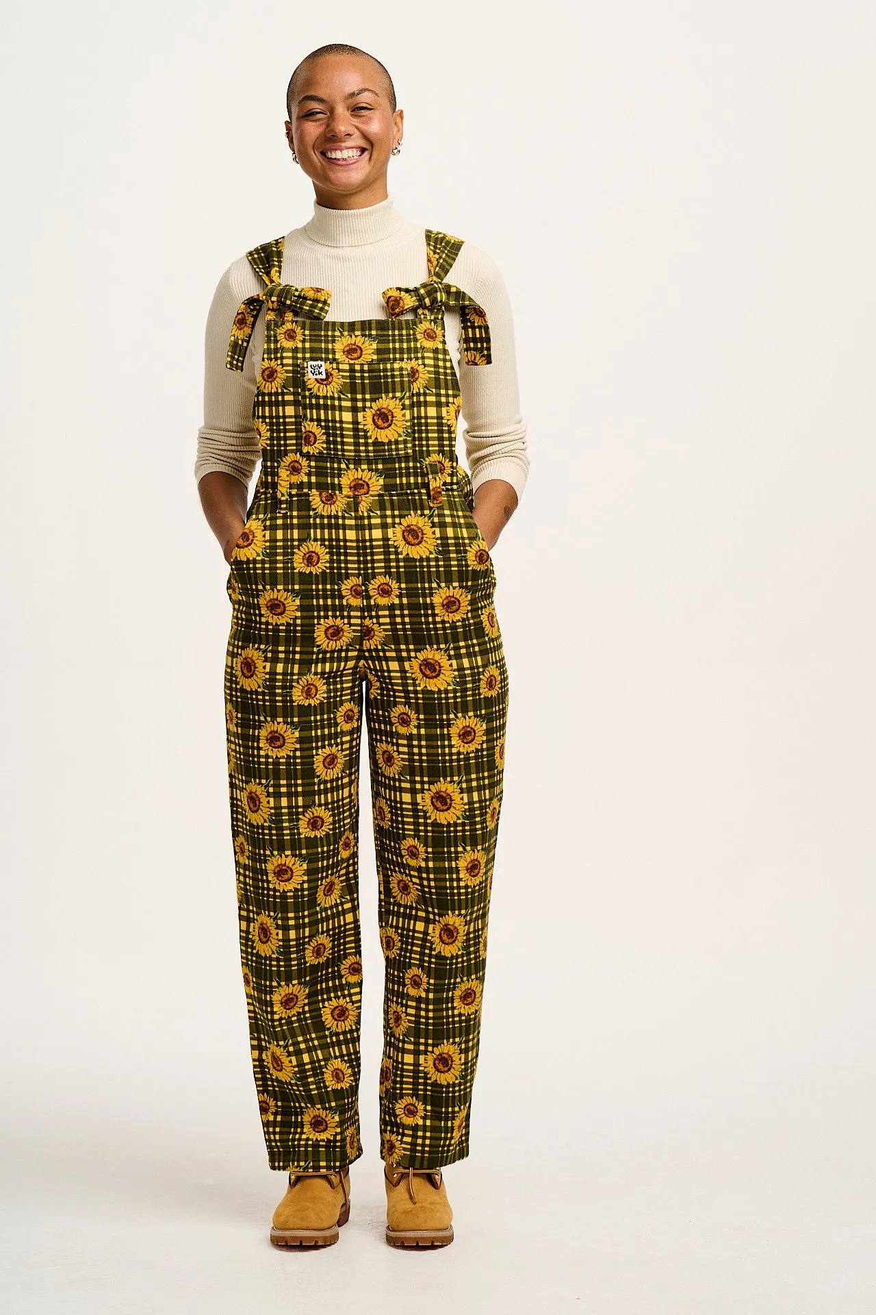 Easton - Cotton Dungarees in Green Sunday Sunflowers Print sold by Lucy & Yak