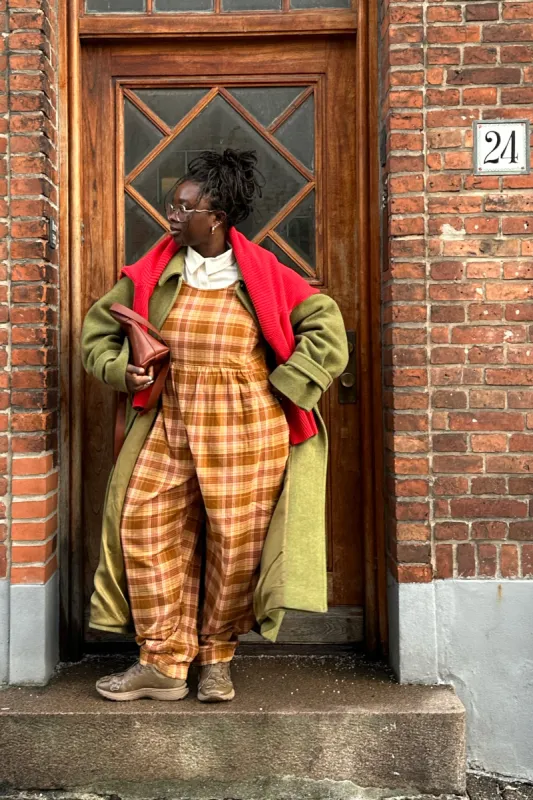 Bowie - Sleeveless Brushed Cotton Jumpsuit in Brown Oakley Tartan sold by Lucy & Yak