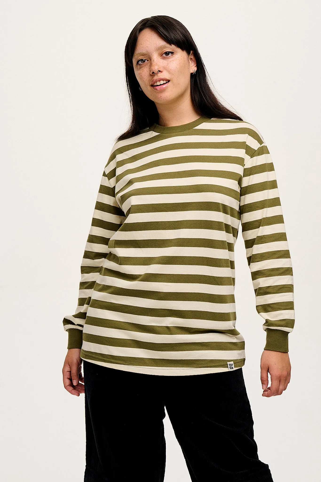 Kenny - Long Sleeve Skater Cotton Tee in Green & Ecru Stripe sold by Lucy & Yak