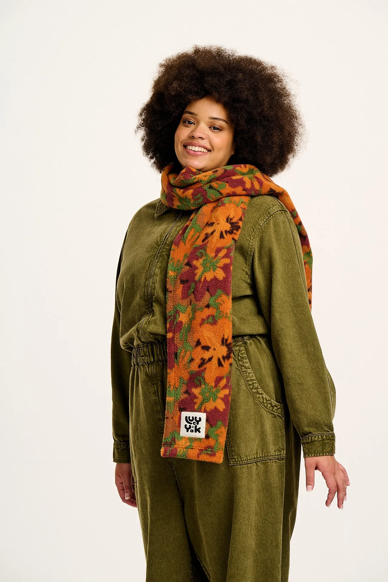 Ola - Polar Fleece Scarf in Orange Cass Floral Print sold by Lucy & Yak