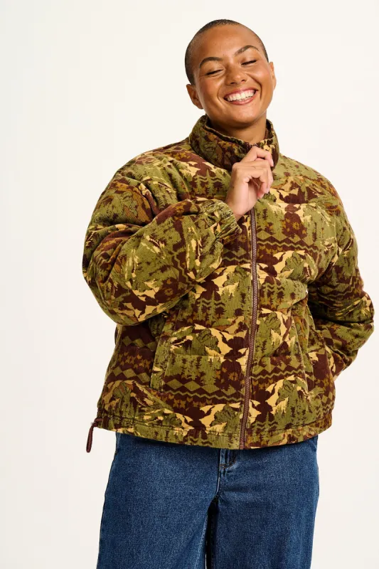 Paloma - Corduroy Puffer Jacket in Green & Brown Nevis Print sold by Lucy & Yak