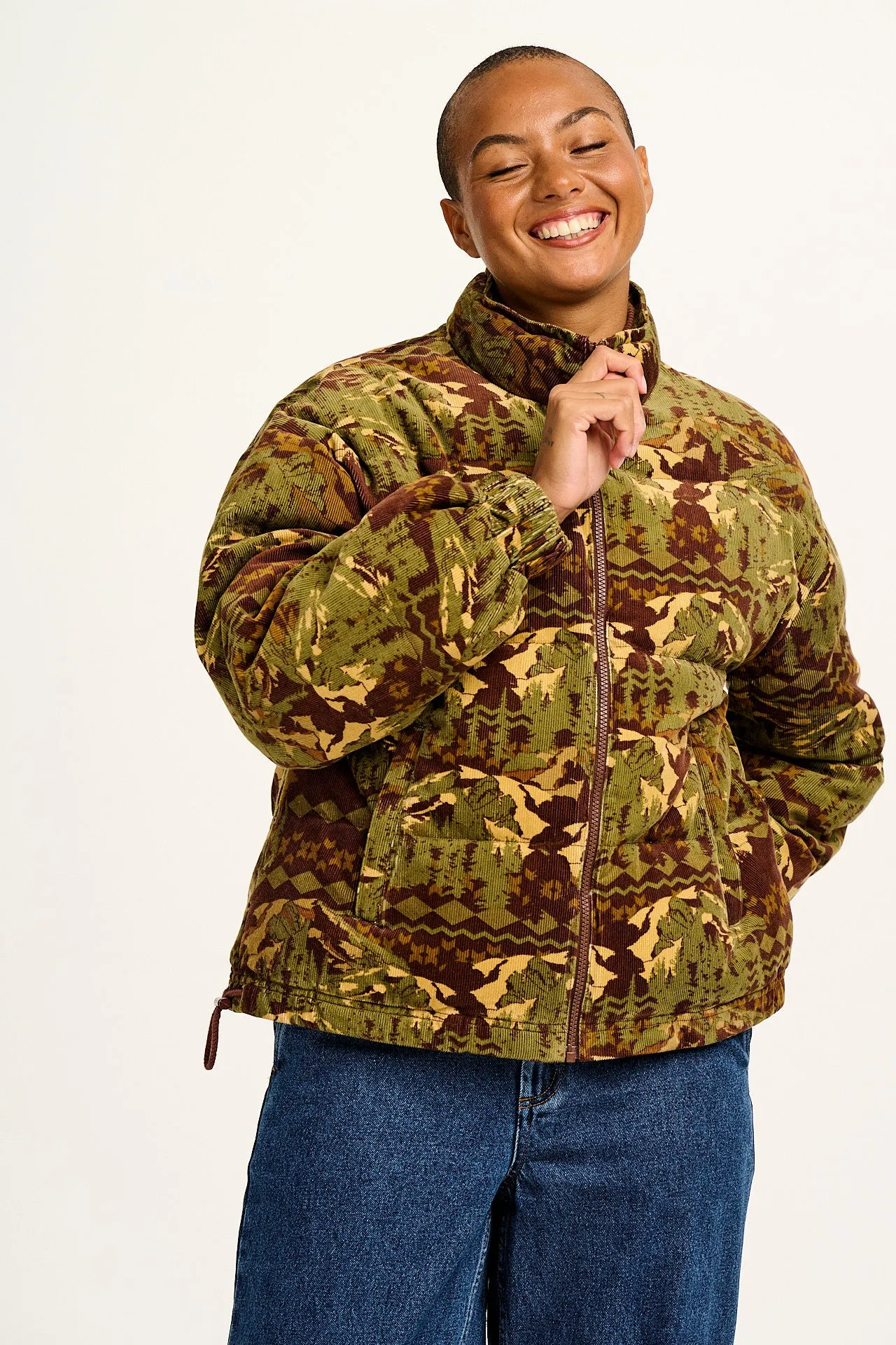 Paloma - Corduroy Puffer Jacket in Green & Brown Nevis Print sold by Lucy & Yak